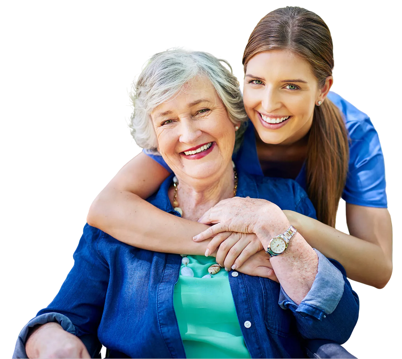 Elderly woman and young caregiver smiling together.