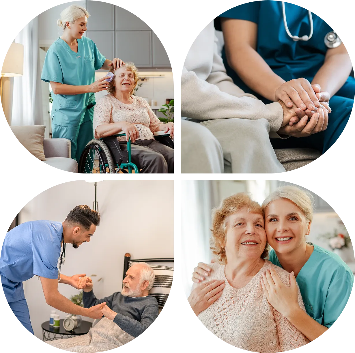 Caregivers assisting and comforting elderly individuals.
