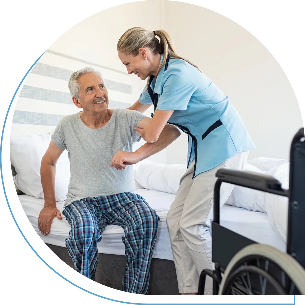 Caregiver assisting elderly man near wheelchair.