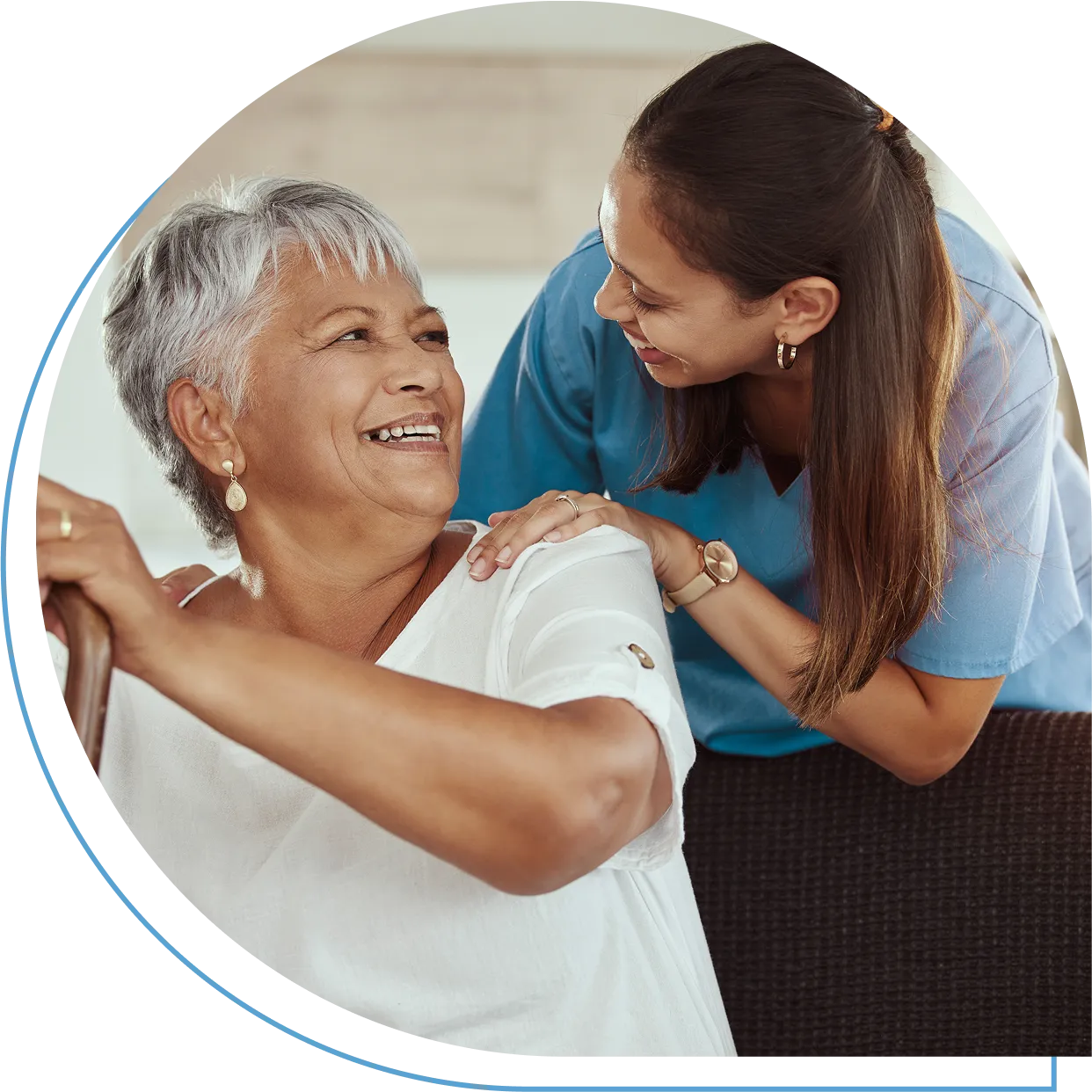 Elderly woman with caregiver, smiling together.