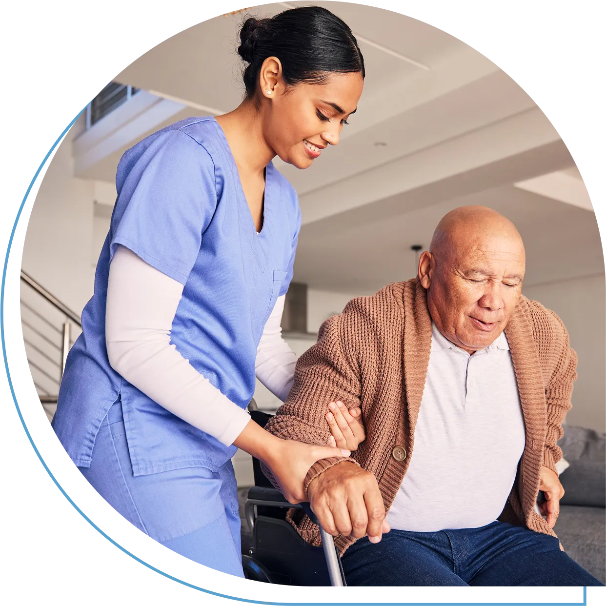 Caregiver assisting elderly man with walker.