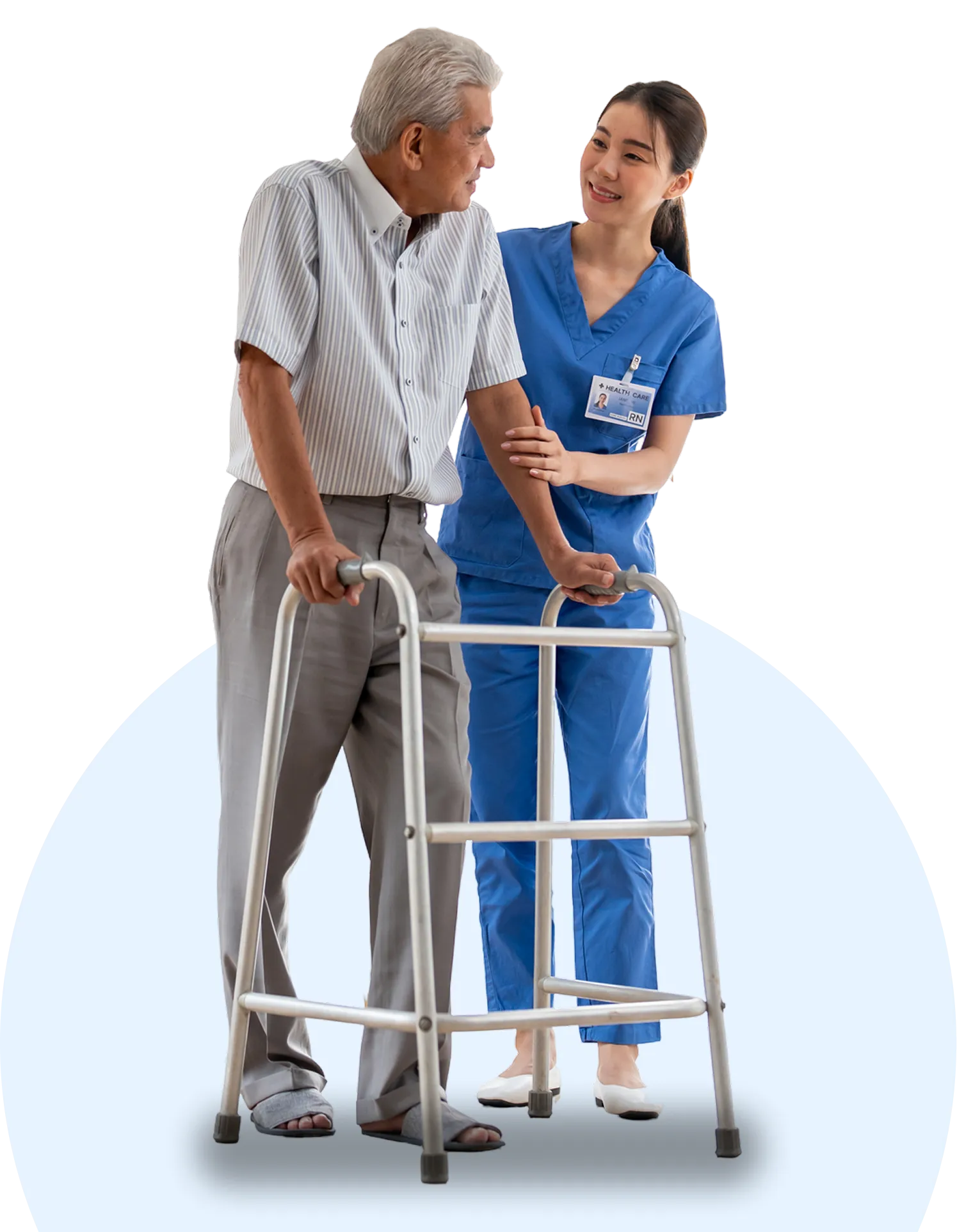 Elderly man with walker assisted by nurse.